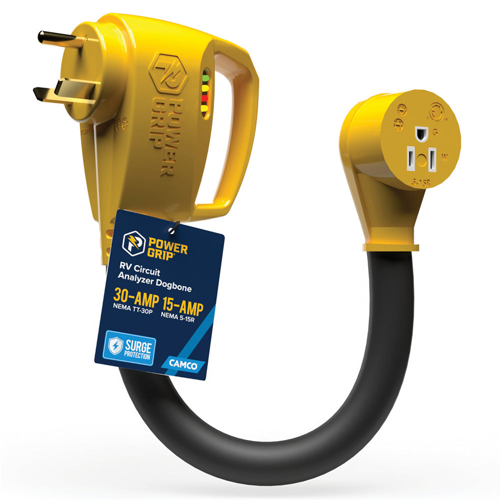 Camco Power Grip RV 12" 30Amp Circuit Analyzer Dogbone - Integrated Surge Protection [55461]
