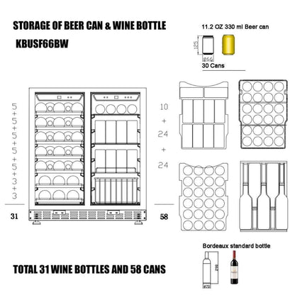 30 Inch Under Counter Wine and Beer Cooler Combo - Low-E Glass Door